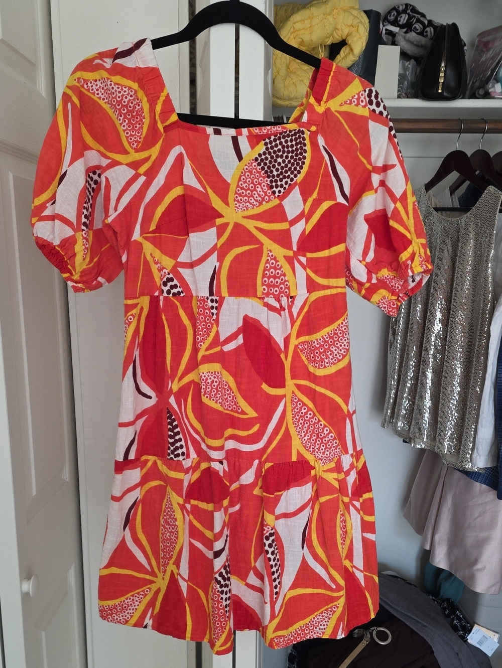 Mlle Gabrielle Red, Yellow & White Puff Sleeve Casual Dress
